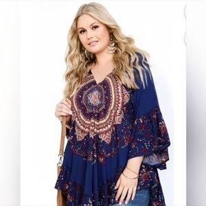 Aveology City Chic Boho Paisley Tunic Top Blue Bell Sleeve Plus Size 22/24